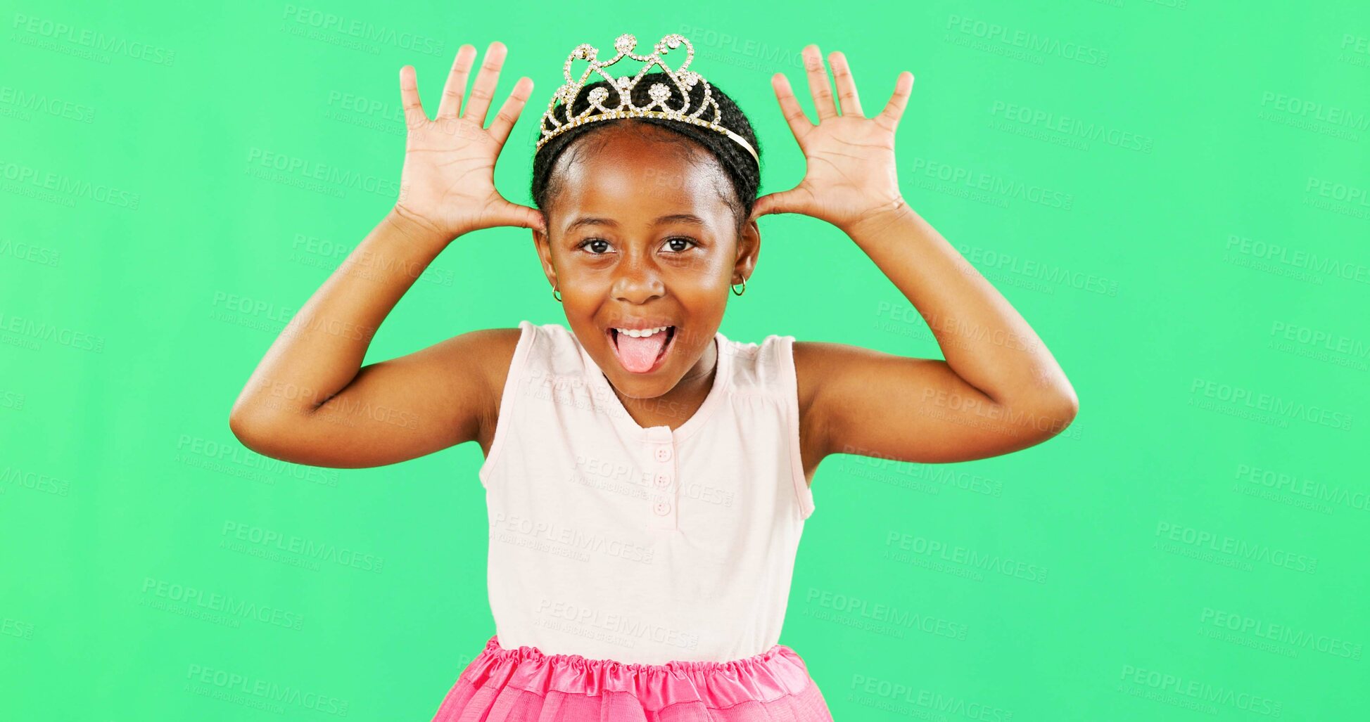 Buy stock photo Children, playful and princess with a black girl on a green screen background in studio feeling silly or goofy. Kids, cute and happy with an adorable little girl playing or having fun on chromakey