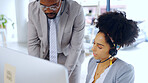 Black man teaching, computer or woman in call center training fo