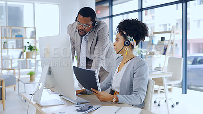 Buy stock photo Computer, telemarketing and call center training with business people in office for orientation. Documents, customer support or service with consultant teaching employee the work process at new job