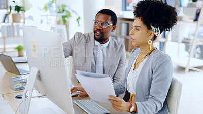 Buy stock photo Teamwork, reading and business people by document by  pc and together for brainstorming on developer project. Technology, man and woman by desktop for online research and collaboration on website