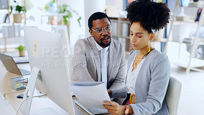 Buy stock photo Discussion, paperwork or business people with project feedback review or report for agenda. Man, documents info or woman reading portfolio for collaboration, teamwork or consulting in office planning