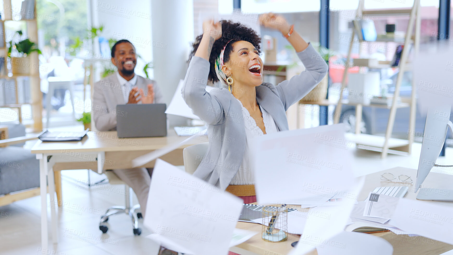 Buy stock photo Happy woman, business and documents in air for celebration, success or done with work at office. Excited female person or accountant with fist pump and finished paperwork for winning at workplace