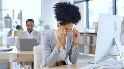 Buy stock photo Woman, headache and stress with computer at office in burnout, anxiety or mental health by desk. Frustrated female person or employee with migraine, strain or pressure in fatigue or pain at workplace