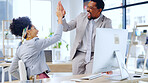 Business people, high five and success in office for goals, achi