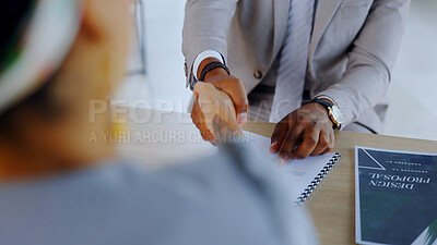 Buy stock photo Business people, handshake or contract deal for proposal agreement, plan or b2b meeting in office. Hiring, sale closeup or manager shaking hands for greeting, teamwork or idea pitch for collaboration