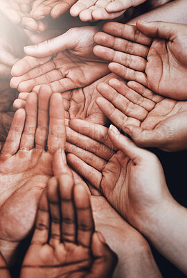 Buy stock photo Open hands, diversity and group together with community, solidarity and support. Hunger, faith and charity hands gesture with people and poverty with crowd show palm and society and charity donation