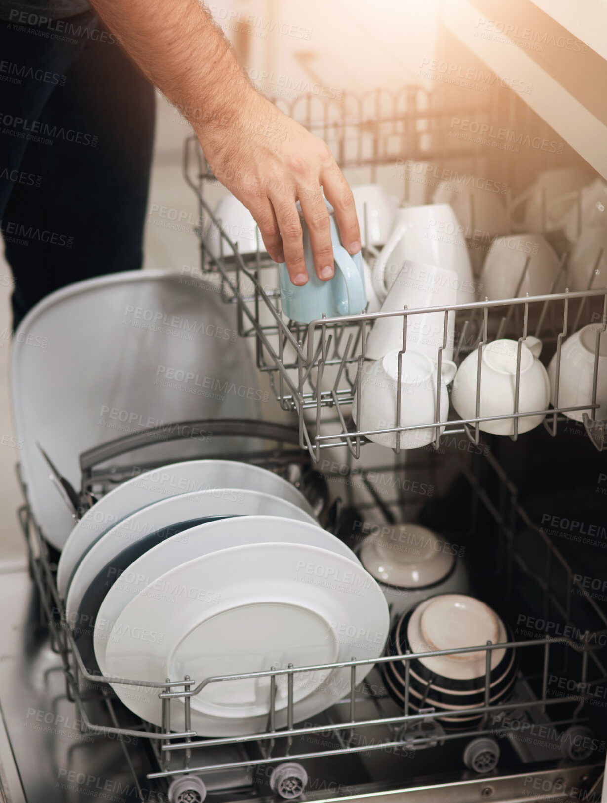 Buy stock photo Cleaning, loading dishwasher and hands with dishes in the kitchen for housework and responsibility. Lifestyle, morning and a person doing housekeeping, organizing crockery and clean equipment