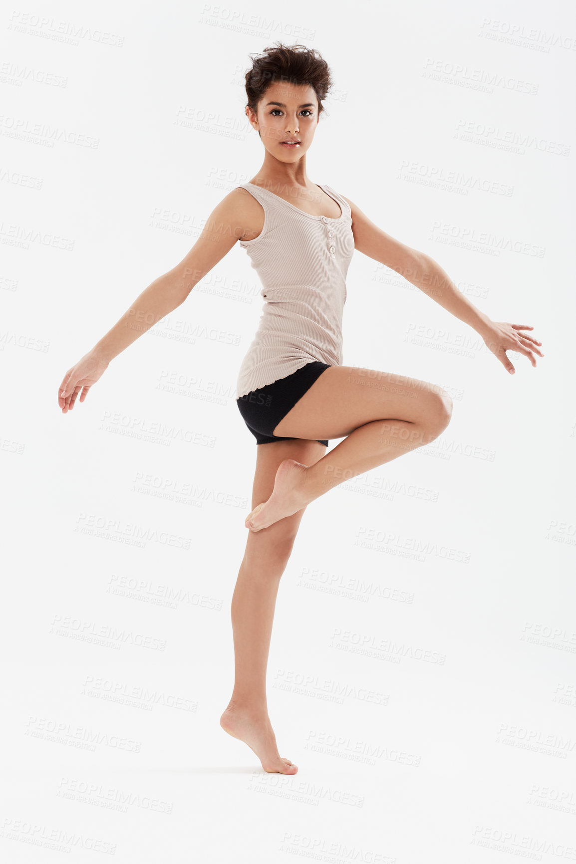 Buy stock photo Dance, ballet and portrait of woman on a white background for performance, fitness and training for theatre. Ballerina, dancer and isolated person for balance, creative routine and practice in studio