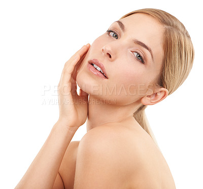 Buy stock photo Beauty, skincare and portrait of woman with natural facial, cosmetics and confidence in studio. Dermatology, healthy skin and proud face of girl on white background with self care, glow and wellness.