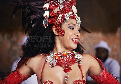 Buy stock photo Dancer, carnival and girl with band, happy and pride for culture with group for music performance in night. Woman, men and people dancing at event, party or celebration for energy in Rio de Janeiro