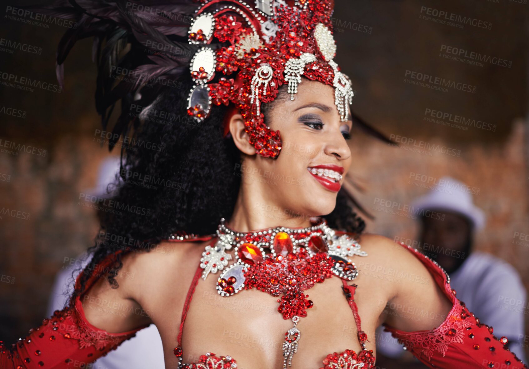 Buy stock photo Dancer, carnival and girl with band, happy and pride for culture with group for music performance in night. Woman, men and people dancing at event, party or celebration for energy in Rio de Janeiro