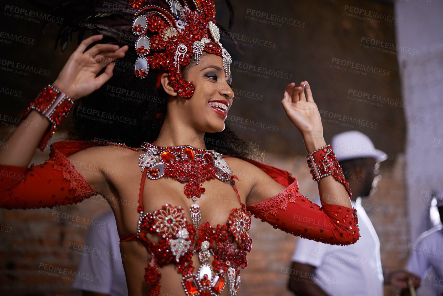 Buy stock photo Happy woman, samba dancer and performance with costume for tradition at carnival or festival. Face of female person or exotic performer with band for culture or dancing at party or concert in Rio