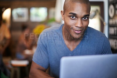 Buy stock photo African man, portrait and laptop in cafe, restaurant and coffee shop working for creative career. Male person, gen z guy and freelancer with happiness for job in research, internet and web design