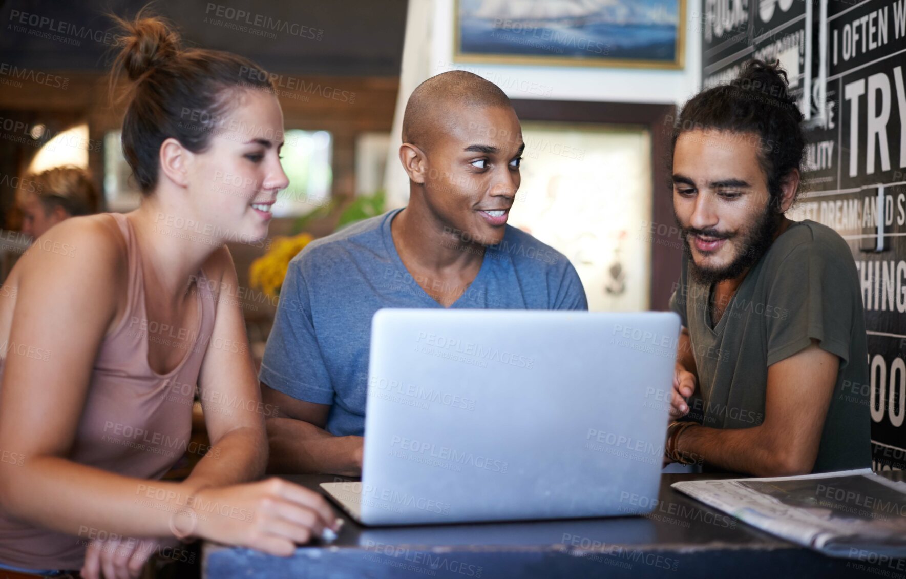 Buy stock photo Diverse, team and laptop in cafe for discussion, creative and ideas in conversation. Digital, search and information technology for colleague, teamwork and happy smile for web design on internet.