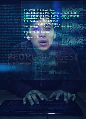 Buy stock photo Code, man and typing with with programming, holographic and hacker with industry and server. Person, dark room and keyboard with guy and holographic with software development, app and cyber security