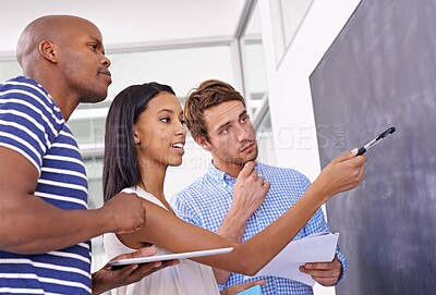 Buy stock photo Business people, planning and creative by chalkboard in office for storyboard drawing or animation illustration. Graphic design, men and woman with teamwork by blackboard or smile for cartoon project