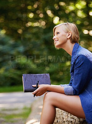 Buy stock photo Happy nature woman, book and thinking of diary entry, ideas of inspiration for creative story in forest, woods or park. Notebook planner, ideas and writer brainstorming journal, notes or information