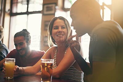 Buy stock photo Friends, people and happiness in pub with beer for happy hour, relax or social event with confidence. Diversity, face and drinking alcohol in restaurant or club with smile for bonding or celebration
