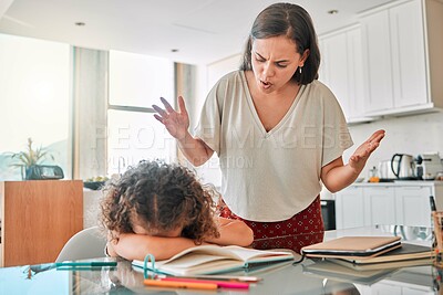 Buy stock photo Autism, frustrated and bad mental health behavior by child and frustrated mother during homework. Annoyed, abuse parent angry with crying child suffering from ADHD and hiding, afraid and depressed 
