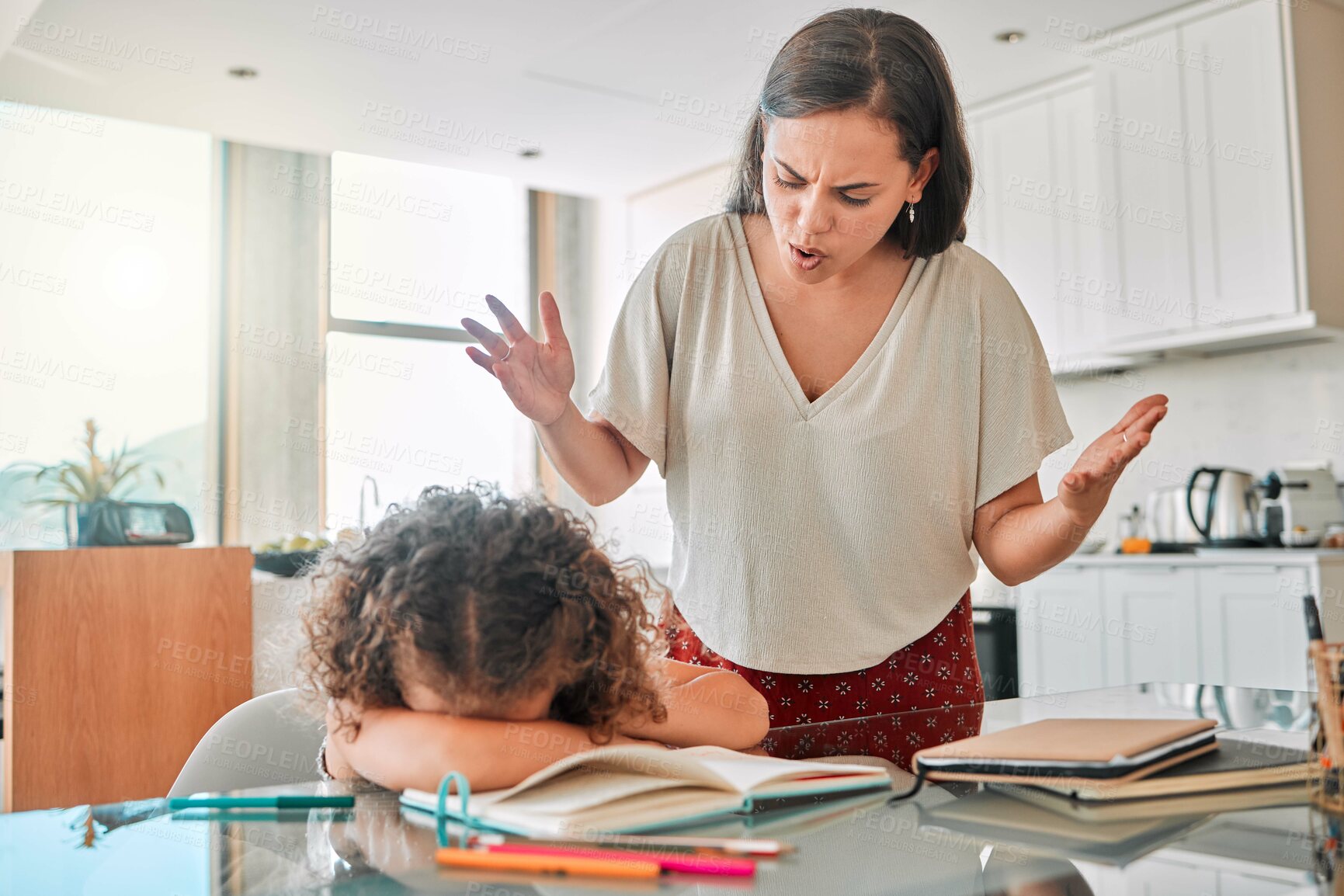 Buy stock photo Autism, frustrated and bad mental health behavior by child and frustrated mother during homework. Annoyed, abuse parent angry with crying child suffering from ADHD and hiding, afraid and depressed 
