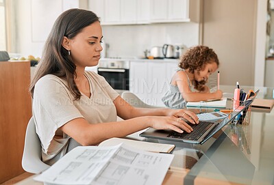 Buy stock photo Mom working from home with distance learning child, multitasking childcare and work life balance during quarantine or lockdown. Single parent or mother and girl busy on laptop notebook and education