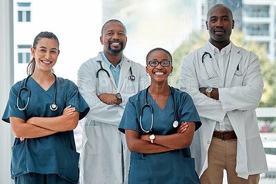 Buy stock photo Hospital, collaboration and portrait of doctors with crossed arms for medical care, wellness and support. Healthcare, happy and men and women workers for cardiology service, consulting or insurance