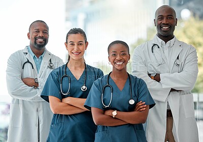 Buy stock photo Healthcare, teamwork and portrait of doctors with crossed arms for medical care, wellness and support. Hospital, happy and men and women health worker for cardiology service, consulting and medicare