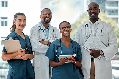 Buy stock photo Hospital, teamwork and portrait of doctors with tablet and report for medical care, wellness and support. Healthcare, clinic and men and women workers for cardiology service, consulting or insurance