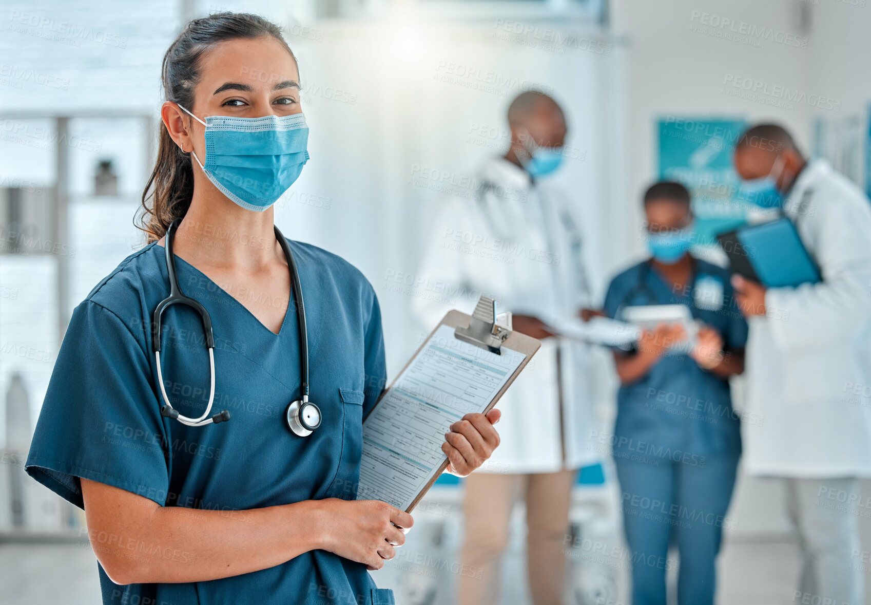 Buy stock photo Hospital, doctor and portrait of woman with clipboard for medical report, results and medicine. Healthcare, clinic and female nurse with face mask, checklist and insurance information for consulting