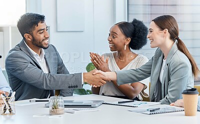 Buy stock photo Success handshake, b2b partnership deal and client agreement of teamwork collaboration in a office. Thank you, welcome or happy business of a crm corporate contract business meeting or job strategy