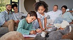 Children, family and learning while drawing art for creative fun with brother and sister in home lounge with multi generation bonding. Boy and girl kids playing with supervision of men and women