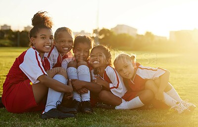 Buy stock photo Girl kids, soccer field and team portrait together for competition, game and summer training outdoors in Brazil. Football club, happy young children and sports diversity in development, youth and fun