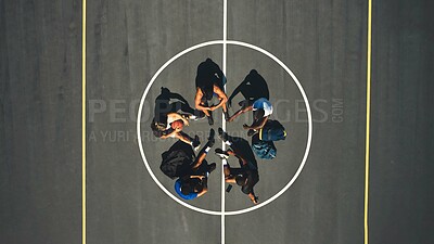 Buy stock photo Basketball, team and game strategy, fitness and training motivation, team building and planning practice. Athlete, diversity and sport, men together on basketball court and ball with top view.