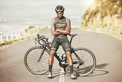 Buy stock photo Black man, cycling and mountain bike with arms crossed for sports exercise, training and fitness in nature. Portrait of a confident African American male professional on a bike cycle tour outdoors