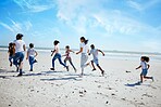 Running family, beach and adoption kids with happiness, bonding and sand with speed on summer vacation. Women, children and happy workout for group on holiday by ocean with diversity, love and care