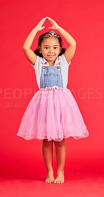 Buy stock photo Ballerina dance, portrait and child in princess dress for fantasy, red background and studio. Happy girl in ballet skirt, fairytale clothes and fashion crown with smile, playful energy and happiness 