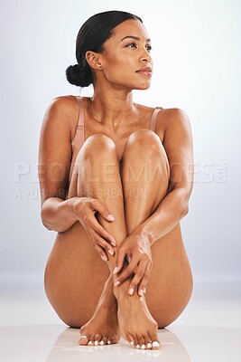 Buy stock photo Body, cosmetics and black woman thinking, dermatology and natural beauty on grey studio background. Skincare, African American female and confident lady with healthy, smooth and soft skin on backdrop