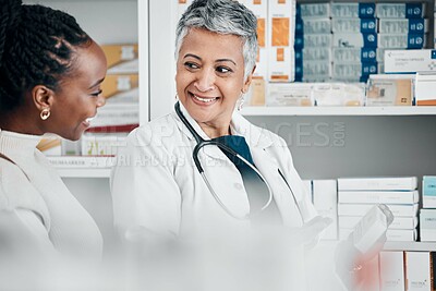 Buy stock photo Pharmacy, service and black woman with pharmacist for advice, help and treatment or medicine choice. Customer, senior doctor and discussion for pharmaceutical  information, questions and guidance