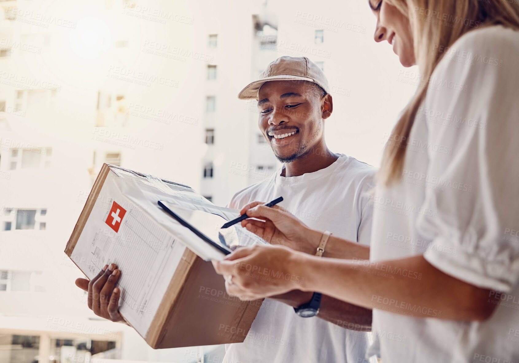 Buy stock photo Black man, tablet or woman signing for delivery, courier parcel or cardboard box package in house or home. Smile, happy or postal worker technology for customer signature, shipping or logistics order