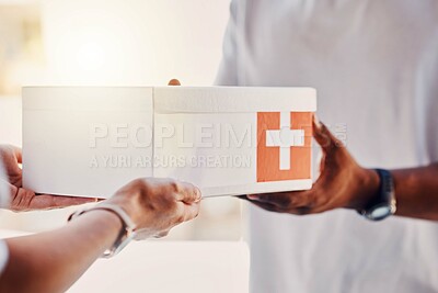 Pharmacy, delivery box and people hands for healthcare, package and ecommerce courier services. Shipping, pharmaceutical industry and telealth supplier giving mail, post or medicine to person at door
