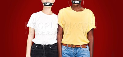 Buy stock photo Abuse, trauma and violence with women and tape for silenced, me too movement and sexual harassment. Fear, depression and assault with victims for domestic violence, ptsd and rape survivor in studio