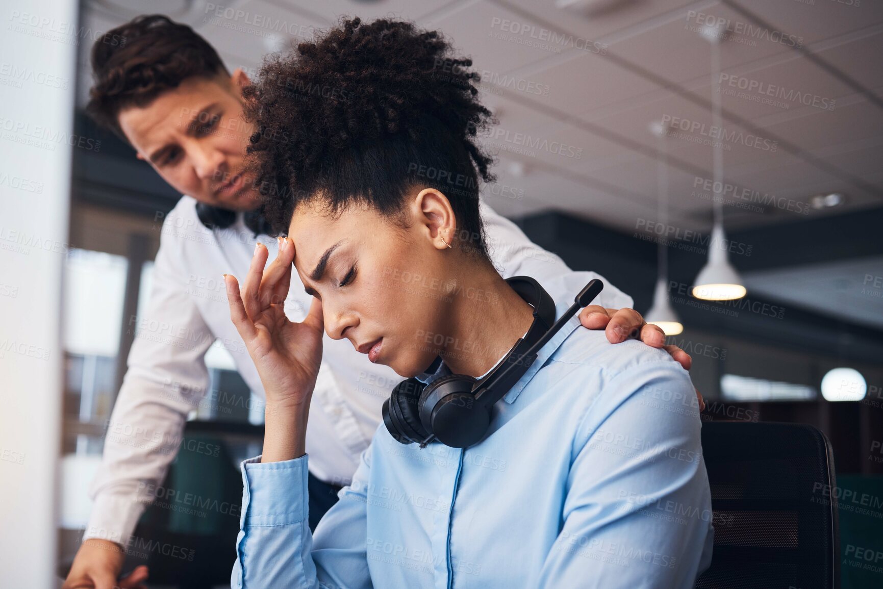 Buy stock photo Burnout, call center and black woman with headache in office with colleague for help, comfort and support. Stress, girl and tired while consulting for crm, telemarketing and customer service online