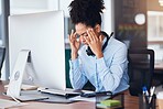 Headache, stress and business black woman at desk with computer problem, head pain and fatigue in office. Burnout, mental health and female worker tired, frustrated and overworked with migraine