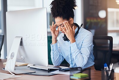 Buy stock photo Headache, stress and business black woman at desk with computer problem, head pain and fatigue in office. Burnout, mental health and female worker tired, frustrated and overworked with migraine