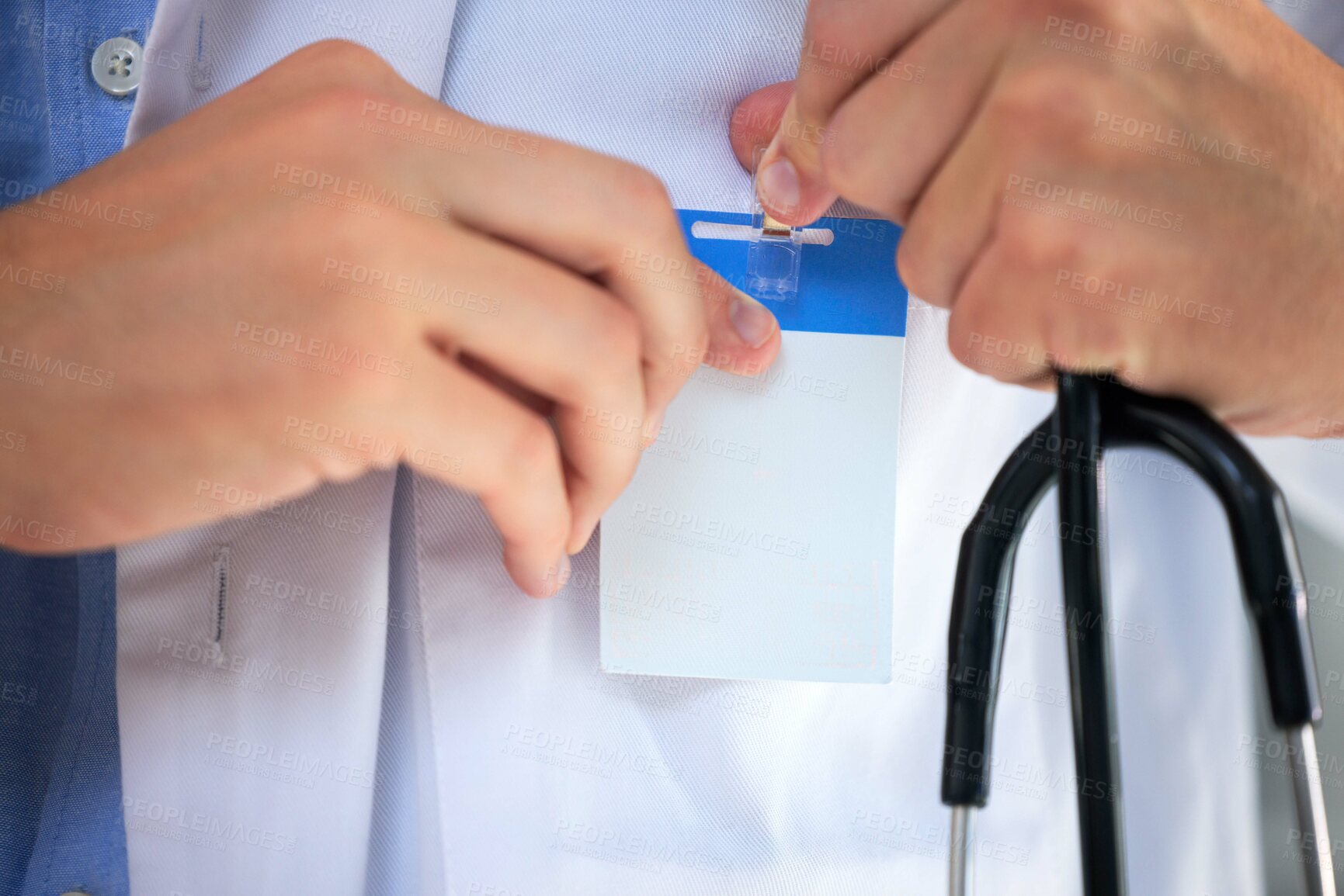 Buy stock photo Hospital ID, doctor hands and clinic access pass of general health practitioner with stethoscope. Icu card, nurse and medical worker ready for working and healthcare help with a wellness card