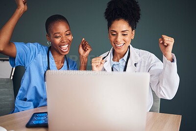 Buy stock photo Laptop, black people or doctors in celebration of success for healthcare goals, achievement or hospital targets. Happy medical winners or nurses celebrating winning victory, good news or bonus deal