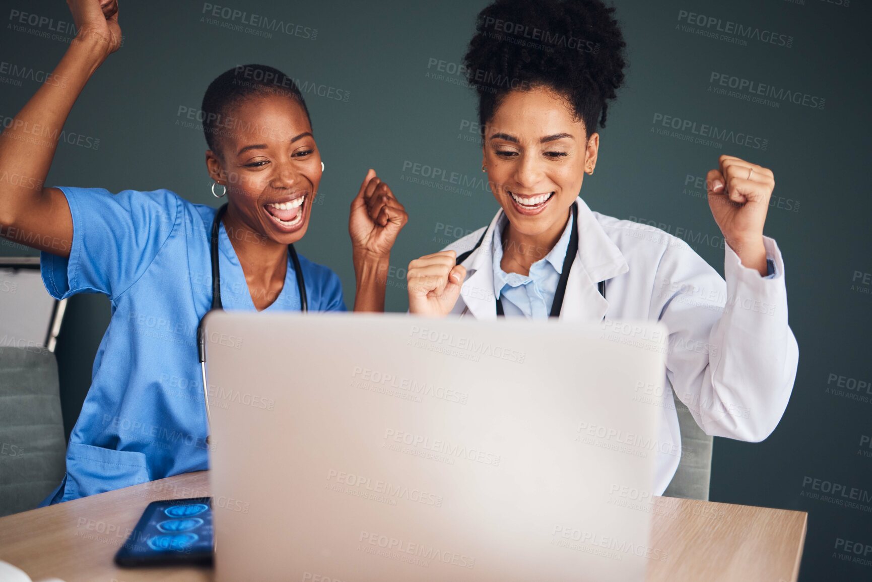 Buy stock photo Laptop, black people or doctors in celebration of success for healthcare goals, achievement or hospital targets. Happy medical winners or nurses celebrating winning victory, good news or bonus deal