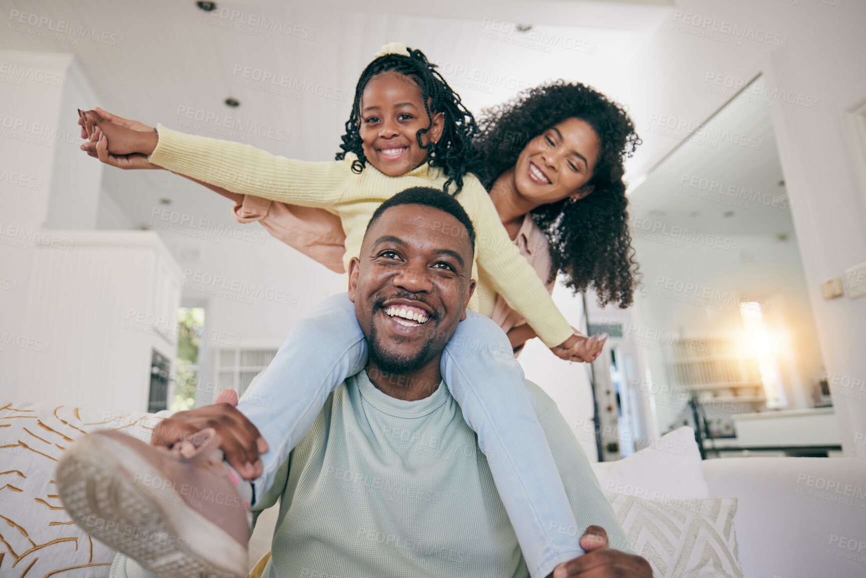 Buy stock photo Portrait, playing and black family on couch, silly and care in living room, memory and weekend break. Face, African American parents and father with mother, female kid and quality time in living room