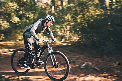 Buy stock photo Cycling, nature and health with man in road for training, workout or cardio exercise. Adventure, extreme sports and speed with male cyclist on bike in forest park for performance, challenge or break