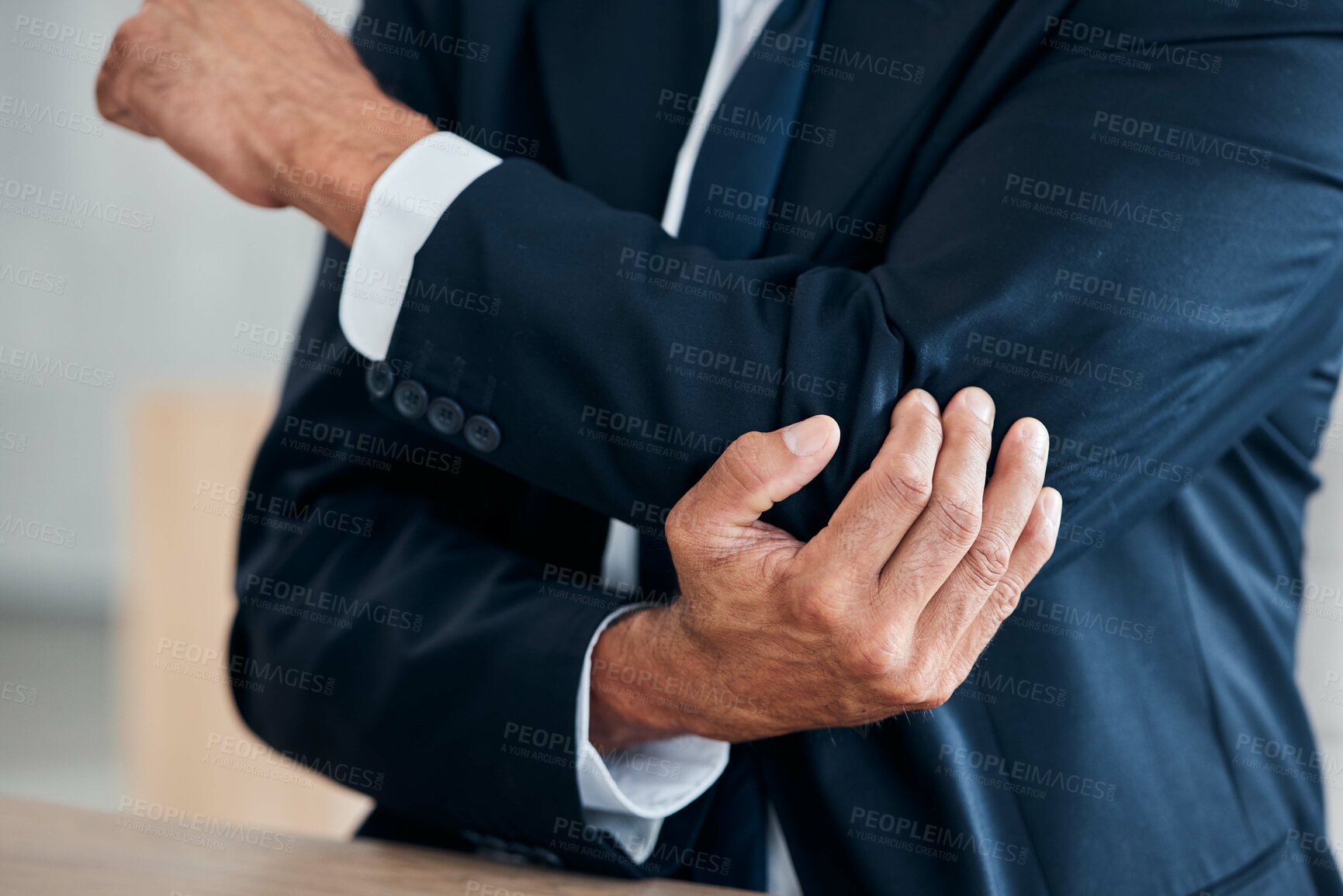 Buy stock photo Elbow problem, hands and business person with anatomy injury, medical emergency crisis or muscle strain. Trauma accident, arthritis joint pain and office consultant, employee or worker with tension